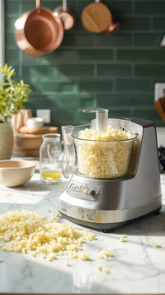Modern kitchen with green subway tile backsplash and stainless steel appliances, featuring a food processor with freshly processed cauliflower rice on a white marble countertop