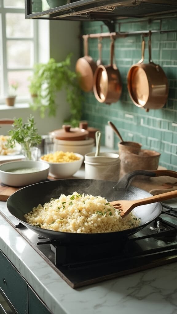 Modern kitchen scene with sautéed cauliflower rice in carbon steel wok under natural daylight, shot with canon 5d mark iv.