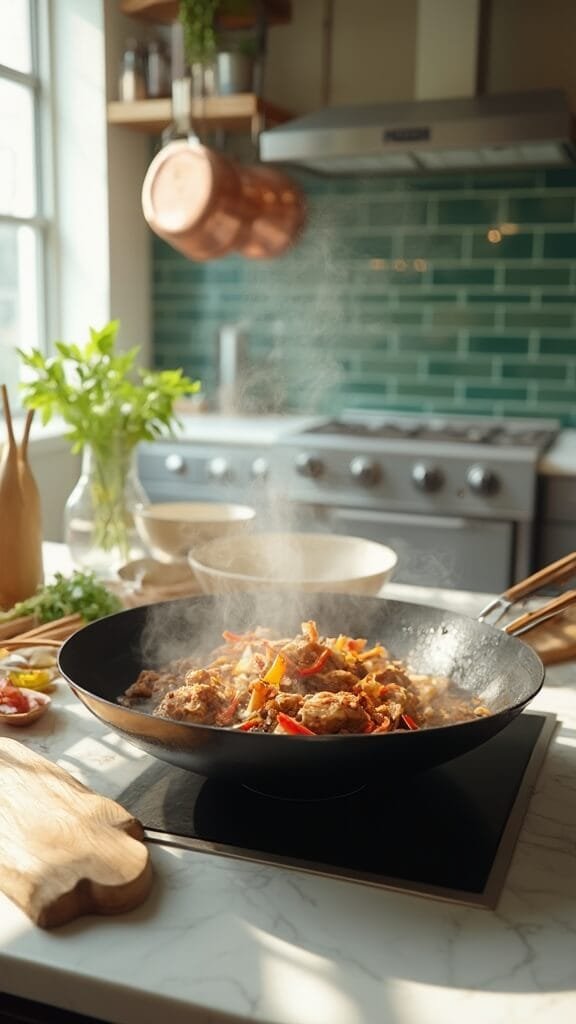 Stir-fried chicken in smoking hot wok in a modern kitchen with sunlight coming in from a window