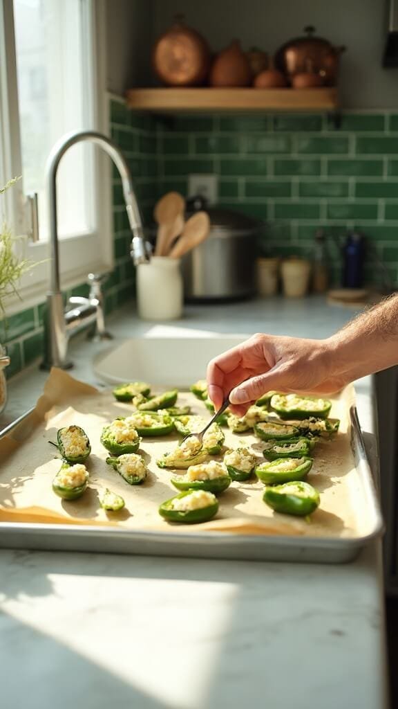 Keto Bacon-Wrapped Jalapeño Poppers 5 Professional food preparation of jalapeños being filled with cheese mixture in a modern kitchen with natural daylight