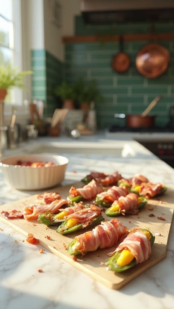Keto Bacon-Wrapped Jalapeño Poppers 6 Professional food photography of bacon-wrapped jalapeños in a modern kitchen with warm, earthy tones