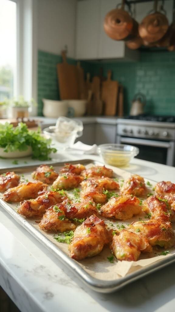 Keto Bacon-Wrapped Jalapeño Poppers 7 Freshly baked jalapeño poppers with crispy bacon and bubbly cheese on a baking sheet in a modern kitchen with green subway tiles and sunlight streaming in