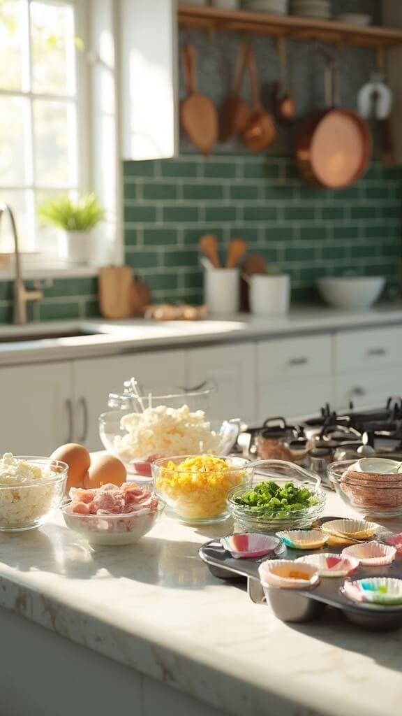 Healthy Keto Egg Muffins (Perfect For Meal Prep) 3 Ingredients for cooking in clear glass bowls in a modern kitchen with green subway tile backsplash, wooden utensils, and cream-colored ceramic bowls under natural daylight