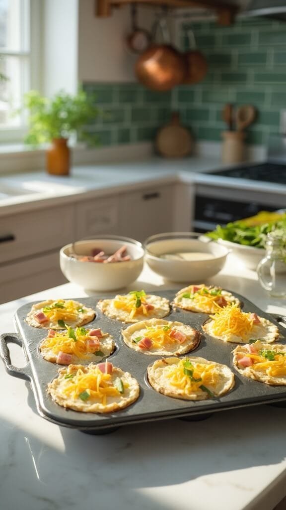 Healthy Keto Egg Muffins (Perfect For Meal Prep) 5 Muffin tin filled with egg, ham, cheese, and scallion mixture in a modern kitchen with green subway tile backsplash, wooden utensils, and cream-colored prep bowls, illuminated by natural daylight