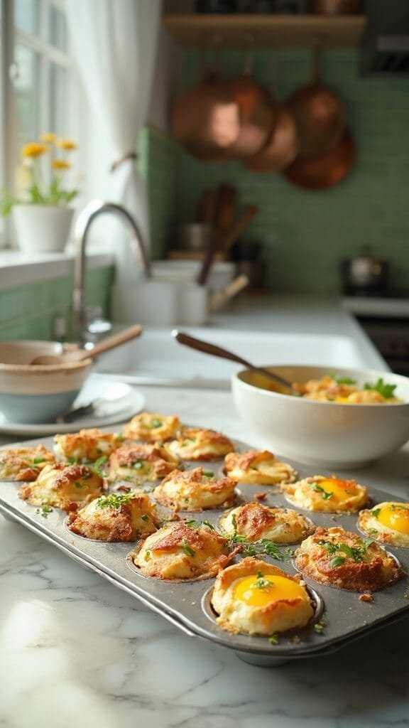 Healthy Keto Egg Muffins (Perfect For Meal Prep) 6 Freshly baked egg muffins with ham and scallions in a modern kitchen with white marble countertops, green subway tile backsplash, and warm, earthy tones