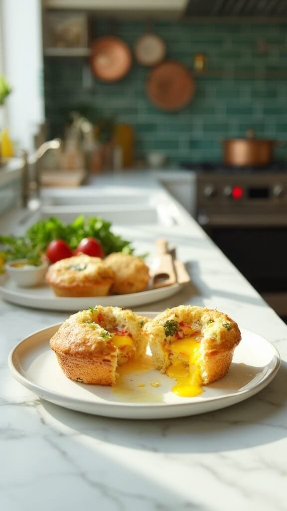 Healthy Keto Egg Muffins (Perfect For Meal Prep) 7 Three egg muffins on a white ceramic plate in a modern kitchen with green subway tile backsplash, wooden utensils and cream-colored prep bowls.