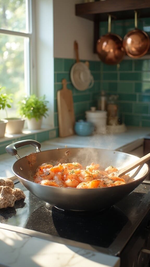 Zucchini Noodle Pad Thai With Low-Carb Sauce 4 Professional food photography of shrimp being seared in a large stainless steel wok in a modern kitchen with green subway tile backsplash and white marble countertops, under natural daylight