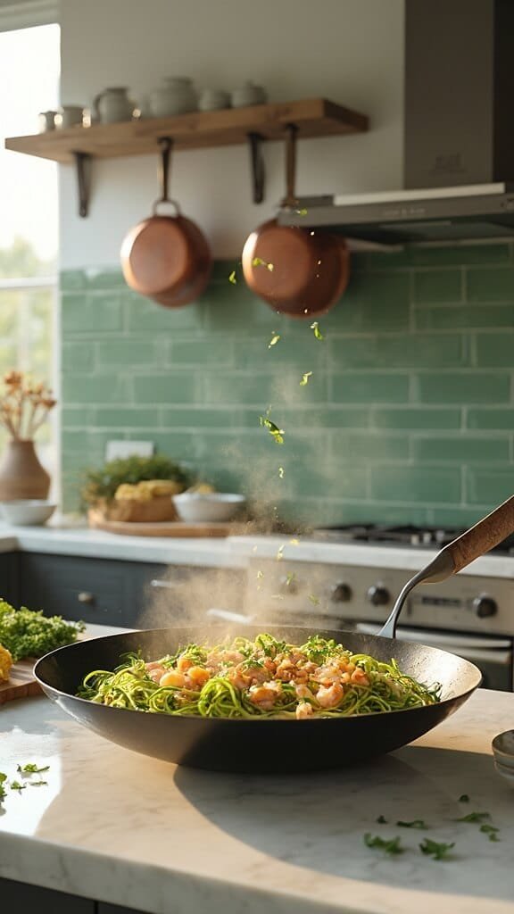 Zucchini Noodle Pad Thai With Low-Carb Sauce 5 Zucchini noodles with shrimp and scrambled eggs being prepared in a modern kitchen, with warm lighting and modern cookware