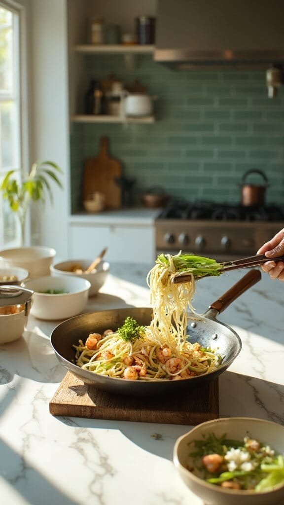 Zucchini Noodle Pad Thai With Low-Carb Sauce 6 Bean sprouts and green onions being added to a wok on a modern kitchen countertop, with zucchini noodles and shrimp underneath, surrounded by wooden utensils and ceramic bowls