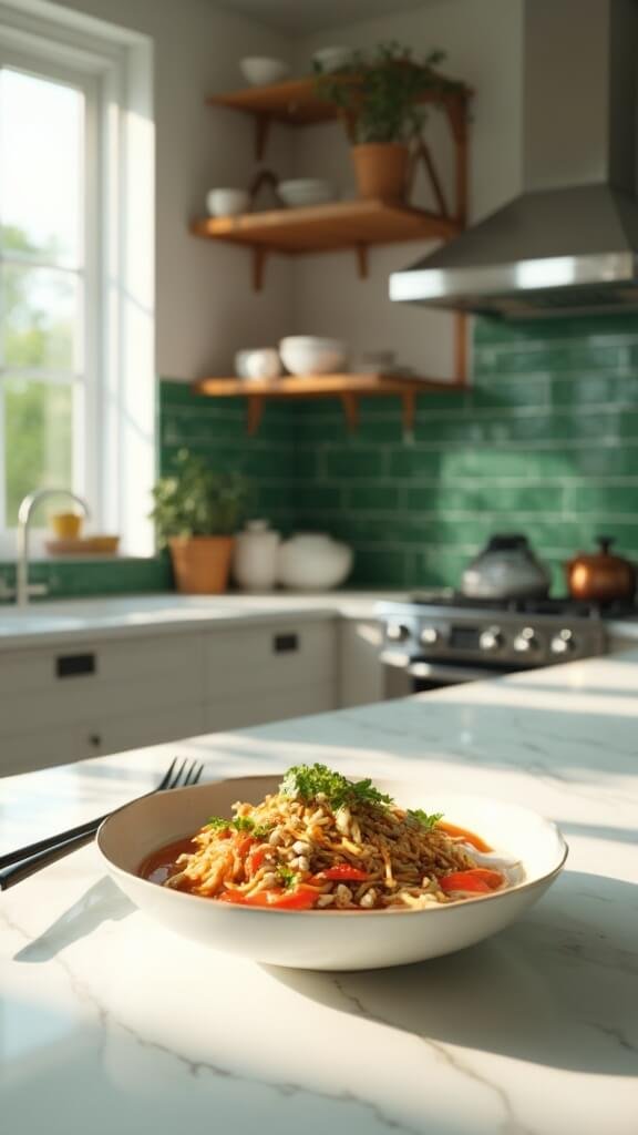 Zucchini Noodle Pad Thai With Low-Carb Sauce 7 Modern kitchen with white marble countertops and stainless steel appliances, featuring a plated dish garnished with peanuts and cilantro, with chopsticks resting on bowl's edge