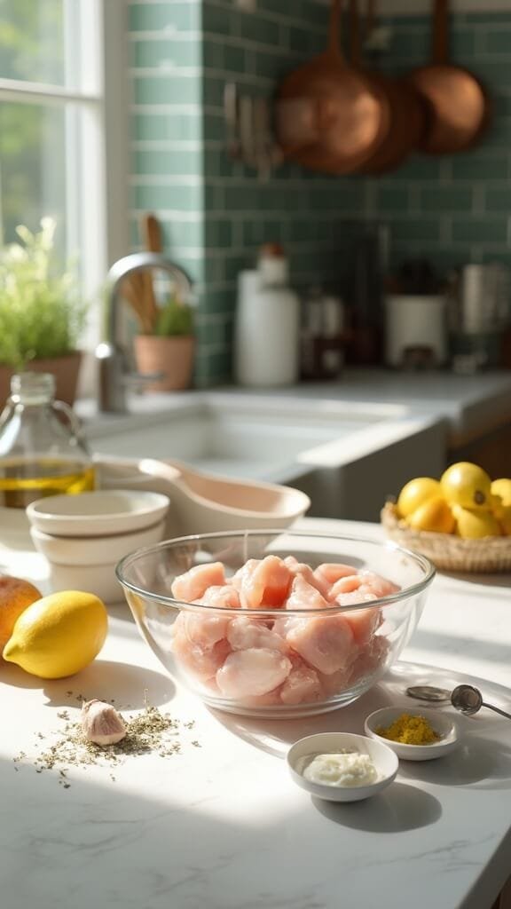 Greek Chicken Souvlaki With Tzatziki 3 Raw chicken cubes in a glass bowl with fresh marinade ingredients in a sunny, modern kitchen