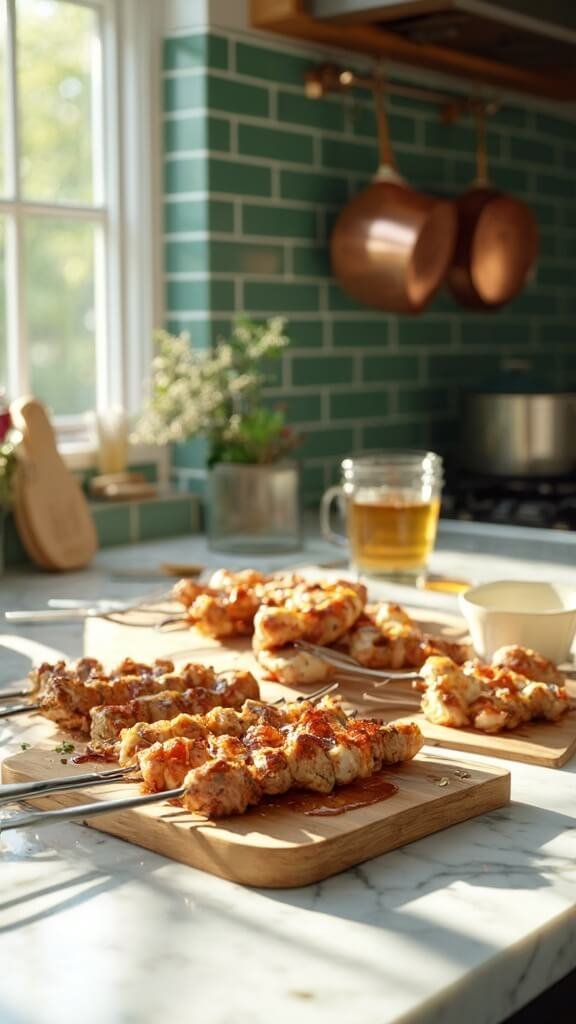 Greek Chicken Souvlaki With Tzatziki 4 Marinated chicken pieces being threaded onto metal skewers in a modern kitchen with green subway tile backsplash, white marble countertops and stainless steel appliances, shot from a 45-degree angle with a canon 5d mark iv.