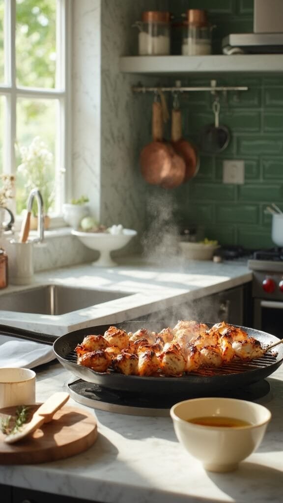 Greek Chicken Souvlaki With Tzatziki 6 Grilled chicken skewers with beautiful caramelization in a modern kitchen, accompanied by olive oil and a basting brush