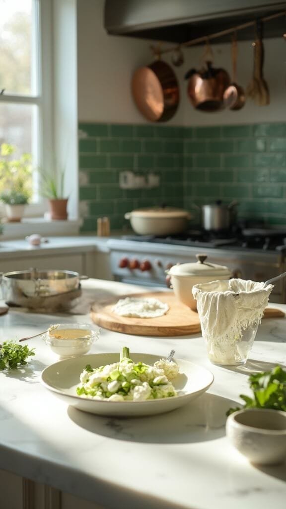 Greek Chicken Souvlaki With Tzatziki 5 Fresh tzatziki preparation in modern kitchen, featuring grated cucumber being strained through a cheesecloth and ingredients like greek yogurt, minced garlic and fresh herbs in prep bowls
