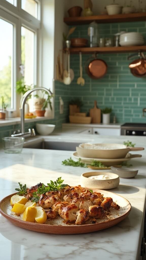 Greek Chicken Souvlaki With Tzatziki 7 Grilled chicken souvlaki skewers on a ceramic platter with tzatziki sauce and garnishes, in a modern kitchen with white marble countertops and green subway tile backsplash.