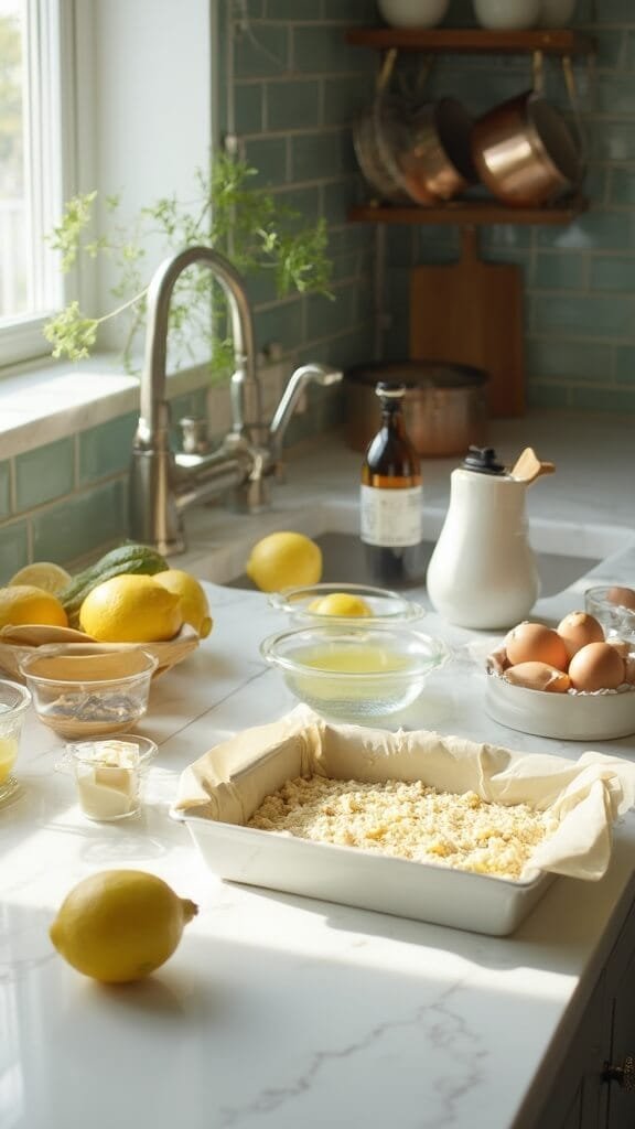 Keto Lemon Bars (Sugar-Free &Amp; Gluten-Free) 3 Ingredients for keto lemon bars on a modern kitchen counter including, fresh lemons, almond flour, eggs, melted butter, vanilla extract and measuring tools, in natural daylight.