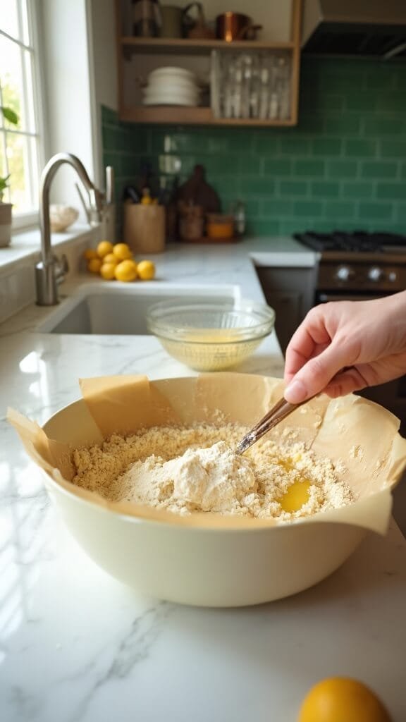 Keto Lemon Bars (Sugar-Free &Amp; Gluten-Free) 4 Wooden spoon mixing almond flour, melted butter, and egg in a cream-colored bowl for keto lemon bars crust in a modern, sunlit kitchen