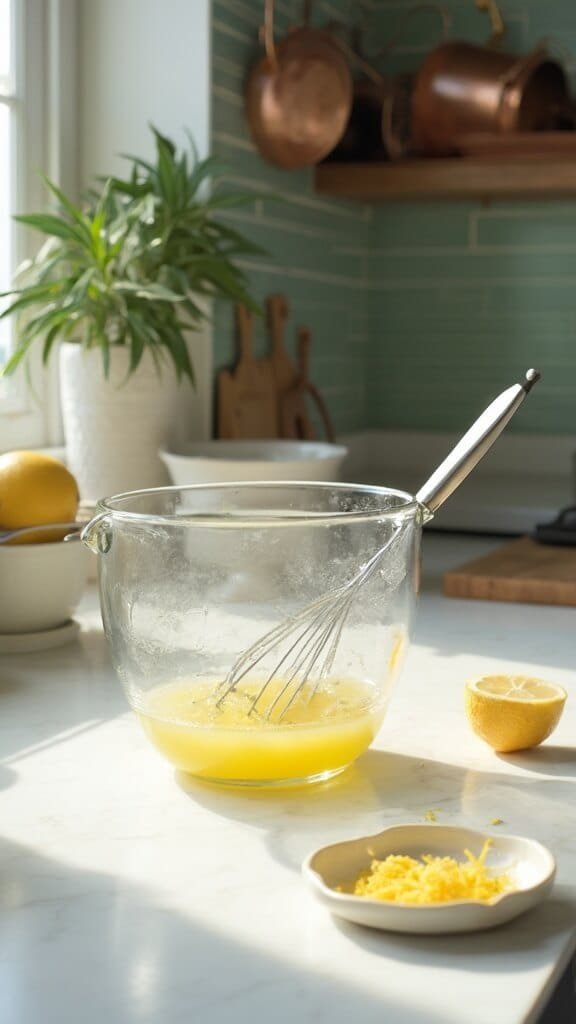 Keto Lemon Bars (Sugar-Free &Amp; Gluten-Free) 5 Fresh lemon juice being mixed with eggs and sweetener in a modern kitchen with green subway tile backsplash and warm, earthy color tones