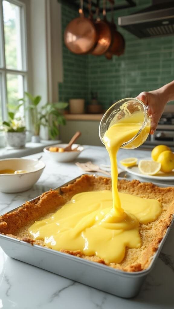 Keto Lemon Bars (Sugar-Free &Amp; Gluten-Free) 6 Pouring bright yellow lemon filling over golden-brown pre-baked crust in a modern kitchen with warm, earthy color grading