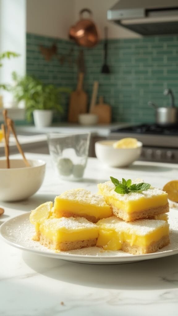 Keto Lemon Bars (Sugar-Free &Amp; Gluten-Free) 7 Perfectly cut keto lemon bars on a white ceramic plate in a modern kitchen with natural daylight