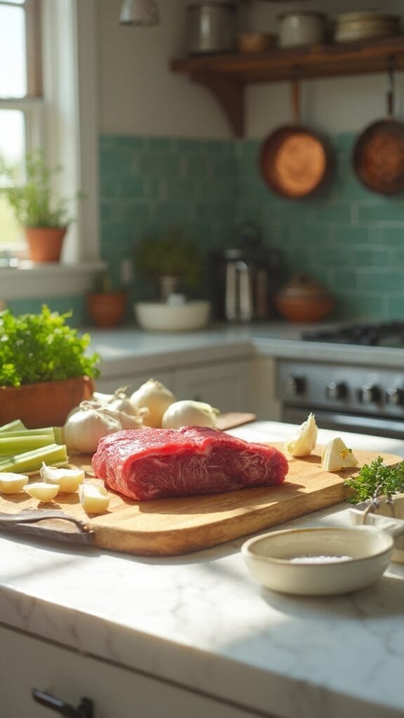 Slow Cooker Keto Pot Roast 3 Fresh ingredients and raw chuck roast on a wooden cutting board in a modern kitchen with green subway tile backsplash and copper pots, captured in natural daylight.