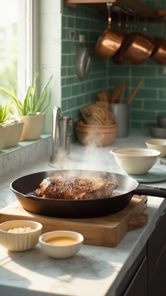 Slow Cooker Keto Pot Roast 4 Seasoned chuck roast searing in a cast-iron skillet in a modern kitchen with green subway tile backsplash, under natural daylight