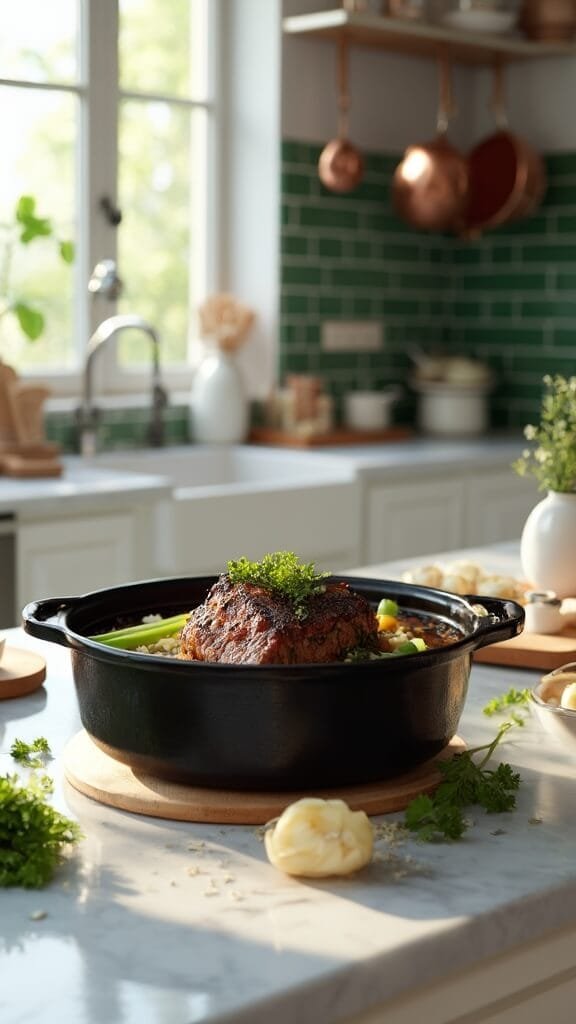Slow Cooker Keto Pot Roast 5 Modern kitchen environment with a black ceramic slow cooker filled with roast and vegetables, shot in natural daylight from a 45-degree angle