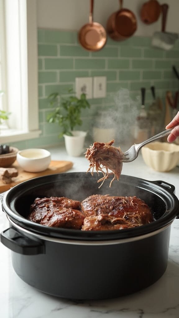 Slow Cooker Keto Pot Roast 6 Close-up image of fork shredding tender pot roast in a slow cooker in a modern kitchen with green subway tiles and warm, earthy tones