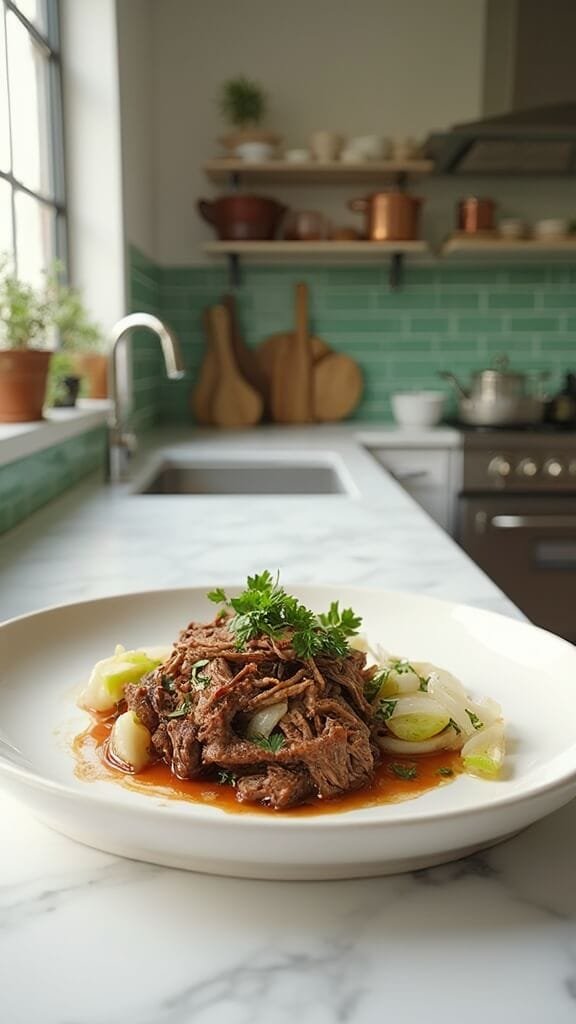Slow Cooker Keto Pot Roast 7 Shredded pot roast garnished with parsley on a white ceramic plate in a modern kitchen with green subway tiles and wooden utensils