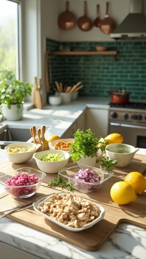 Smoky Chicken Salad Stuffed Avocados 3 Ingredients for cooking on marble countertop in modern kitchen, featuring shredded chicken, diced vegetables, and ripe avocados
