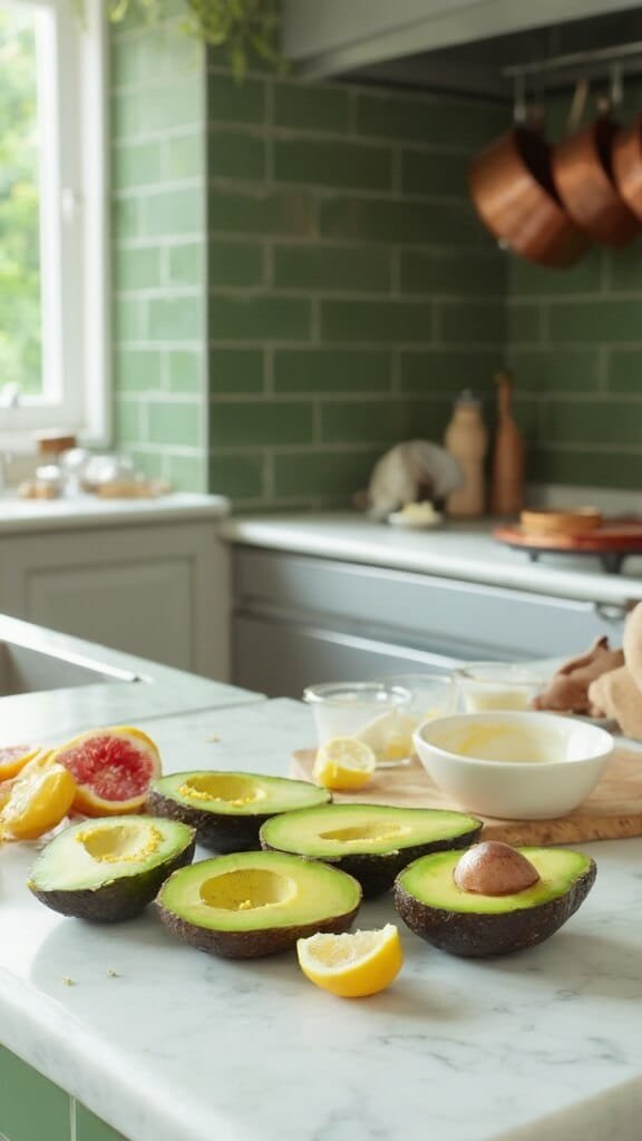 Smoky Chicken Salad Stuffed Avocados 5 Four freshly halved avocados on a marble countertop in a modern kitchen, with a grapefruit spoon and a half-squeezed lemon nearby