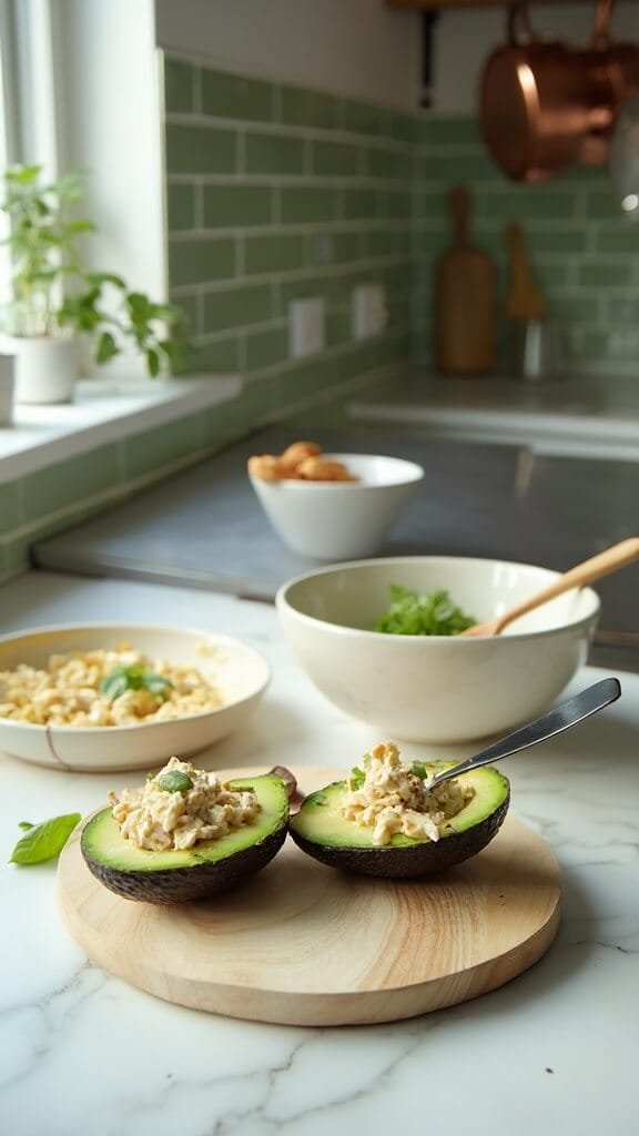 Smoky Chicken Salad Stuffed Avocados 6 Professional shot of avocados being stuffed with chicken salad in a modern kitchen with stainless steel appliances and white marble countertops