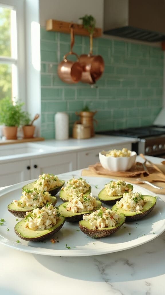 Smoky Chicken Salad Stuffed Avocados 7 Stuffed avocados on a white ceramic platter in a modern kitchen with sunlight streaming in