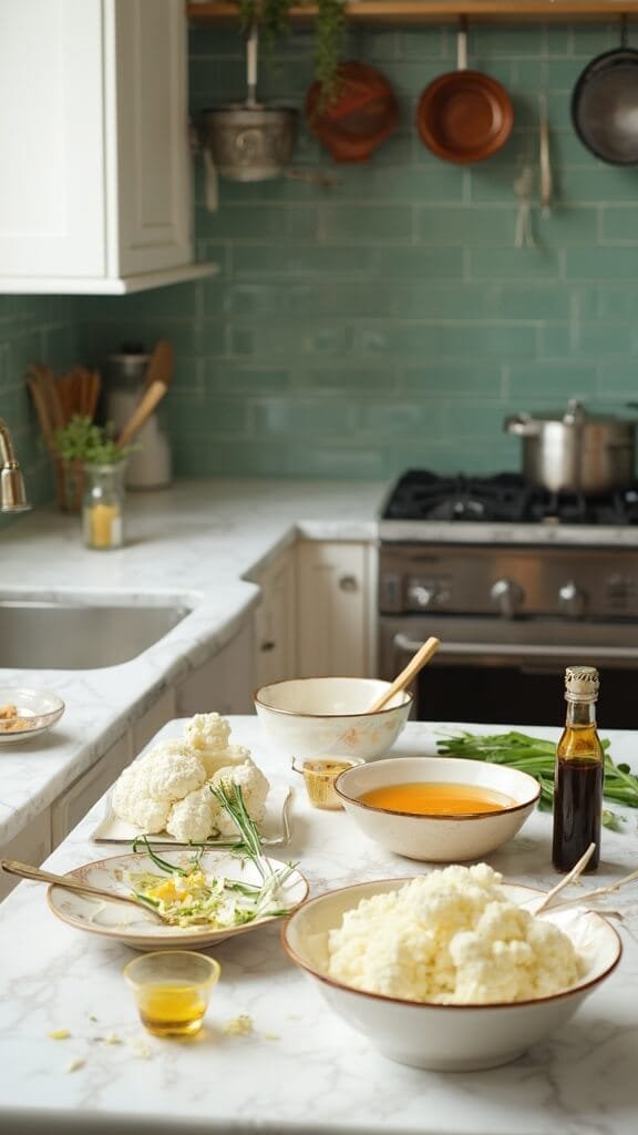 Keto Cauliflower Fried Rice 3 Ingredients for keto cauliflower fried rice in individual bowls on a white marble countertop in a modern kitchen with natural daylight