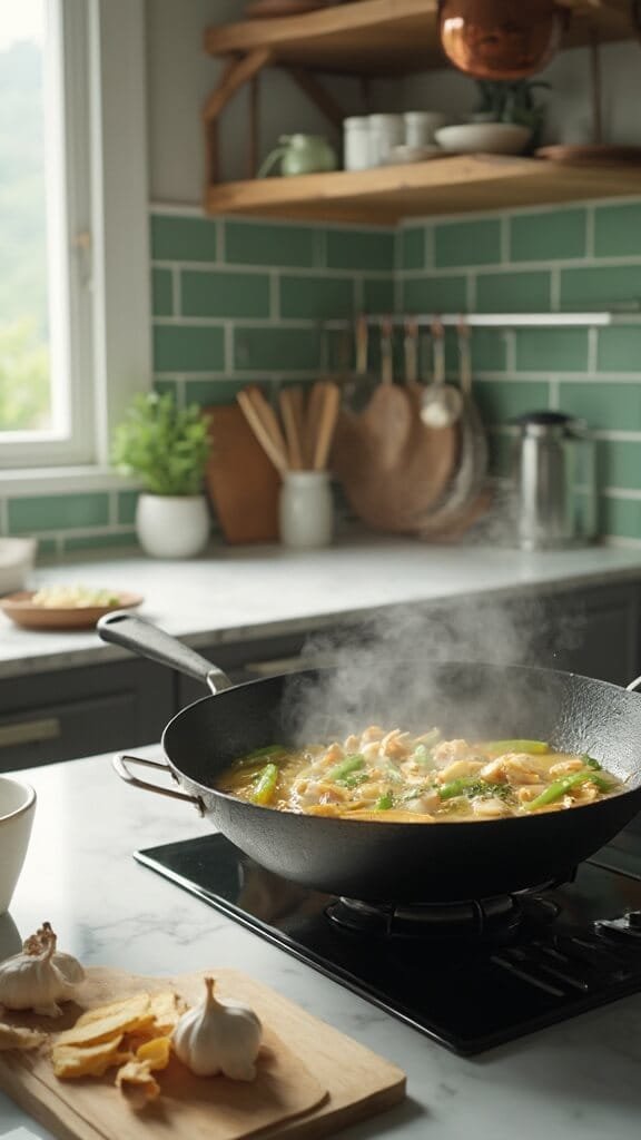 Keto Cauliflower Fried Rice 4 Professional food photography in a modern kitchen with sautéing garlic and ginger in black wok, warm earthy color grading and soft natural daylight