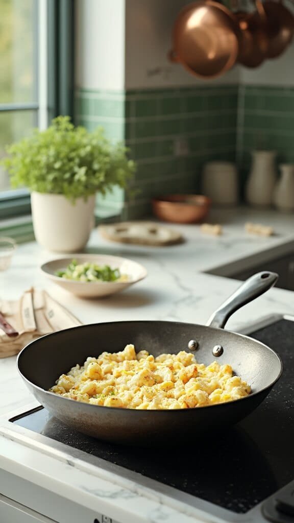 Keto Cauliflower Fried Rice 5 Modern kitchen scene with cauliflower rice and scrambled eggs cooking in wok, lit by natural daylight from side window, on white marble countertop surrounded by wooden utensils and ceramic bowls.