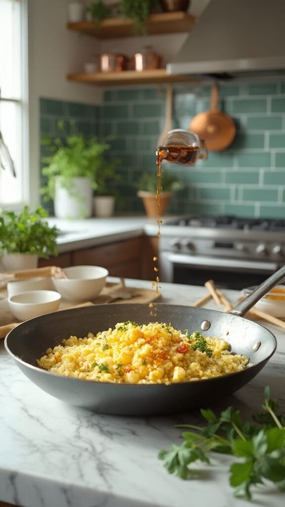 Keto Cauliflower Fried Rice 6 Soy sauce drizzled over cauliflower rice and eggs in wok in a modern kitchen with white marble countertops, wooden utensils, and green subway tile backsplash