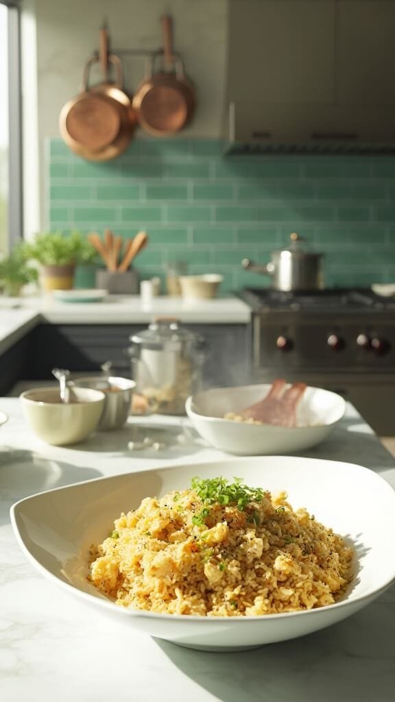 Keto Cauliflower Fried Rice 7 Modern kitchen scene with cauliflower fried rice in white bowl, wooden utensils, ceramic prep bowls, amidst warm earthy color grading.