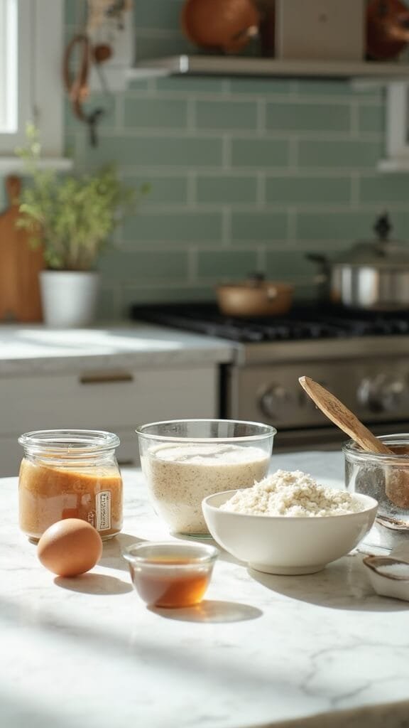 Keto Almond Butter Cookies 3 Ingredients for keto cookies artfully arranged on a white marble countertop in a modern kitchen, under natural daylight.