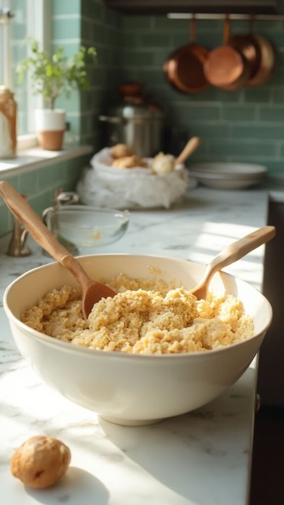 Keto Almond Butter Cookies 4 Professionally photographed keto cookie dough in a cream-colored ceramic bowl in a modern kitchen with green subway tile backsplash