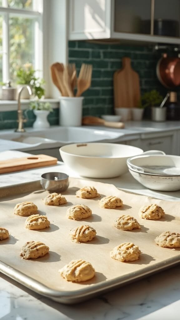 Keto Almond Butter Cookies 5 Twelve unbaked cookies with fork-pressed patterns on a professional baking sheet in a modern, well-lit kitchen