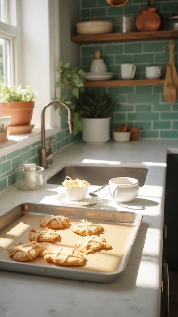 Keto Almond Butter Cookies 6 Freshly baked cookies on a baking sheet in a modern kitchen with white marble countertops and soft natural lighting