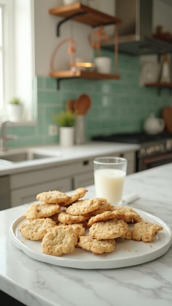 Keto Almond Butter Cookies 7 Artfully arranged golden cookies on a white ceramic plate in a modern kitchen with green subway tile backsplash, next to a glass of almond milk.