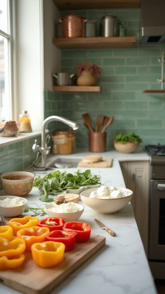 Cheesy Spinach And Ricotta Stuffed Peppers 3 Modern kitchen scene with bell peppers, spinach, cheese, and spices on wooden cutting board, alongside contemporary cookware and utensils