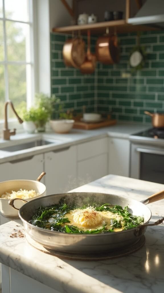 Cheesy Spinach And Ricotta Stuffed Peppers 4 Modern kitchen with white marble countertops and stainless steel appliances, green subway tile backsplash, cookware and utensils, cream prep bowl with cheese mixture, and a skillet of sautéed onions and wilted spinach.