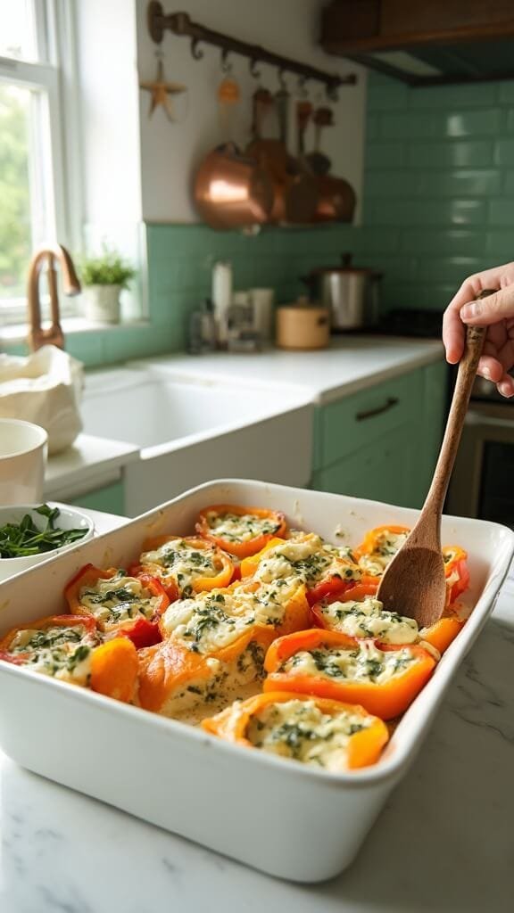 Cheesy Spinach And Ricotta Stuffed Peppers 5 Pre-baked pepper halves being filled with creamy spinach-ricotta mixture in a modern kitchen with warm, earthy color grading