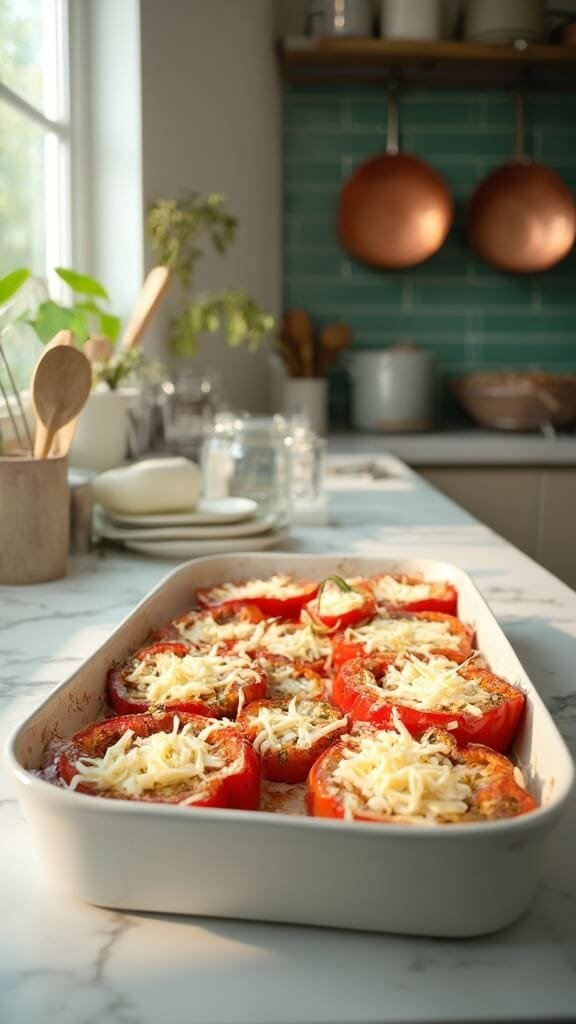Cheesy Spinach And Ricotta Stuffed Peppers 6 Filled peppers topped with mozzarella cheese in a modern kitchen with white marble countertops and green subway tile backsplash, shot in natural daylight