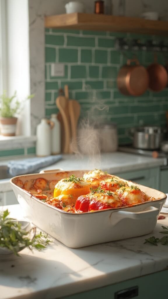 Cheesy Spinach And Ricotta Stuffed Peppers 7 Golden-brown stuffed peppers in a modern kitchen with white marble countertops, stainless steel appliances, and green subway tile backsplash, shot in natural daylight.