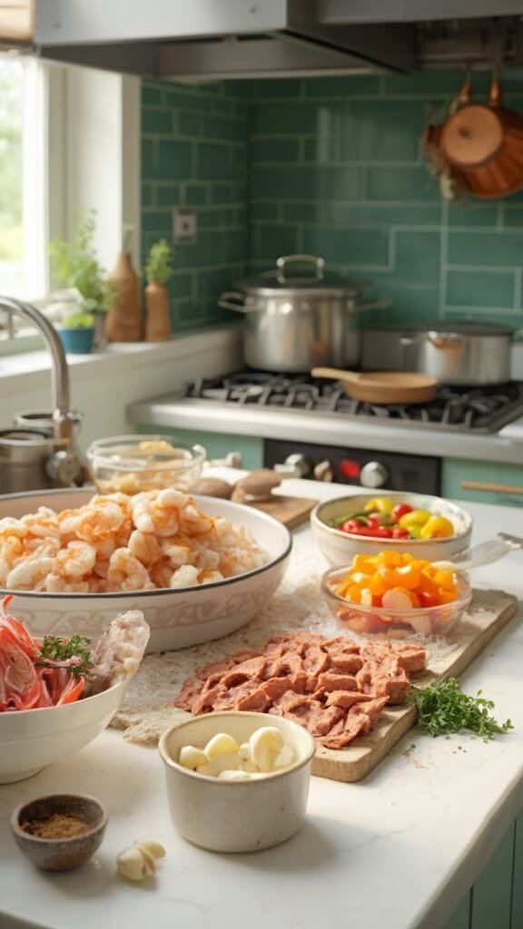 Keto Cajun Shrimp And Sausage Skillet 3 Professional food photography in a modern kitchen with raw ingredients for a cajun dish, featuring shrimp, sausage, bell peppers, onions, and spices, all beautifully arranged on white marble countertops under natural daylight.