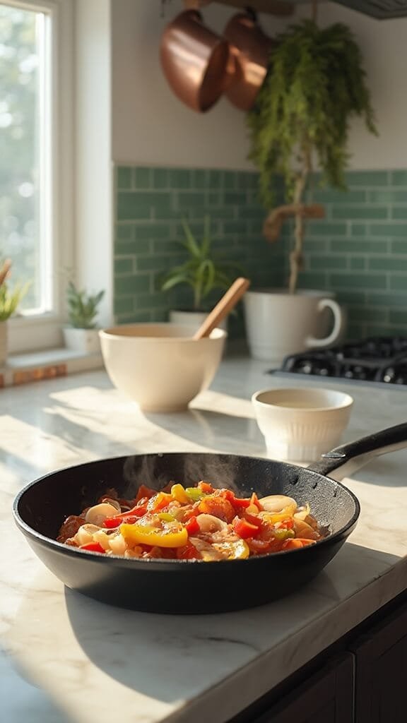 Keto Cajun Shrimp And Sausage Skillet 4 Colorful bell peppers and onions sautéing in butter in a cast iron skillet in a modern kitchen with white marble countertops and green subway tile backsplash, lit by natural daylight.